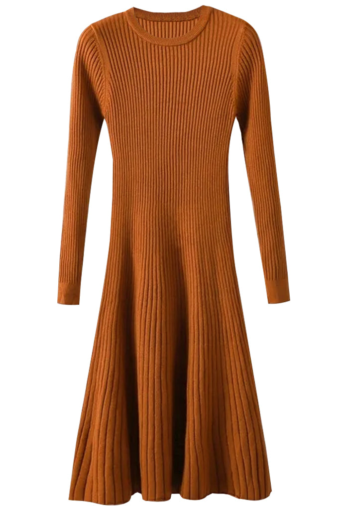 Albi Καμηλό Πλεκτό Φόρεμα με Μακριά Μανίκια | Φορέματα - Πλεκτά Knitwear Dresses | Albi Camel Knit Midi Dress with Long Sleeves