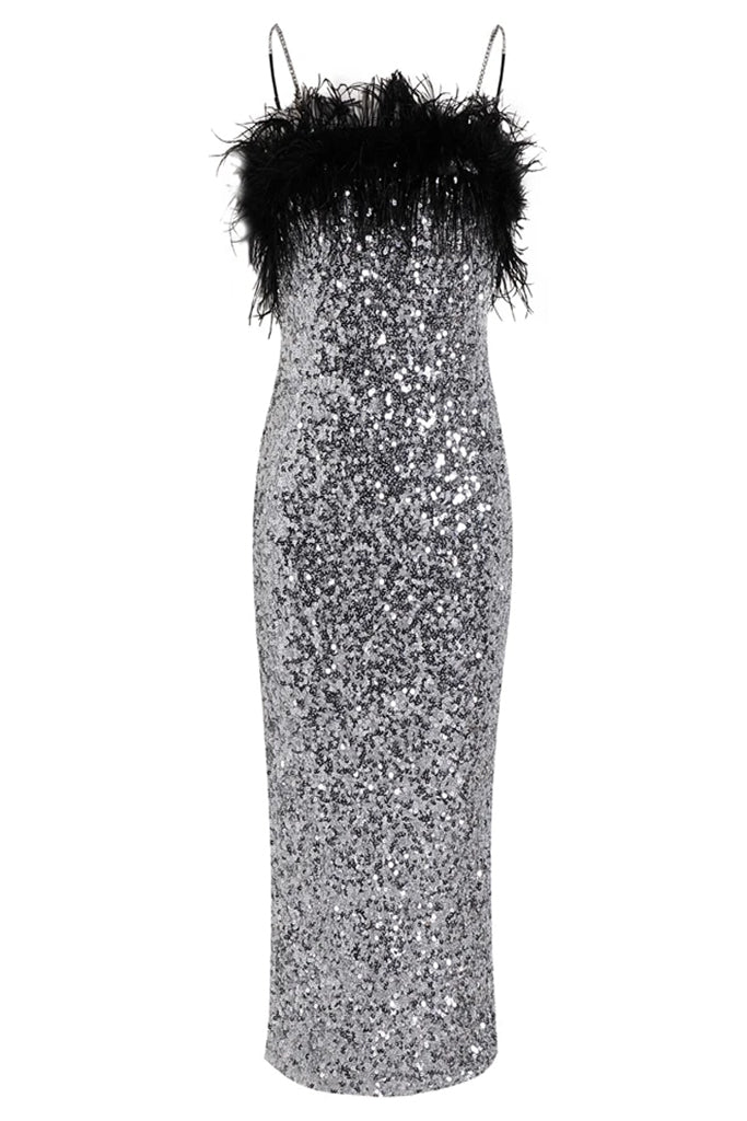 Elita Midi Sequined Dress with Feathers