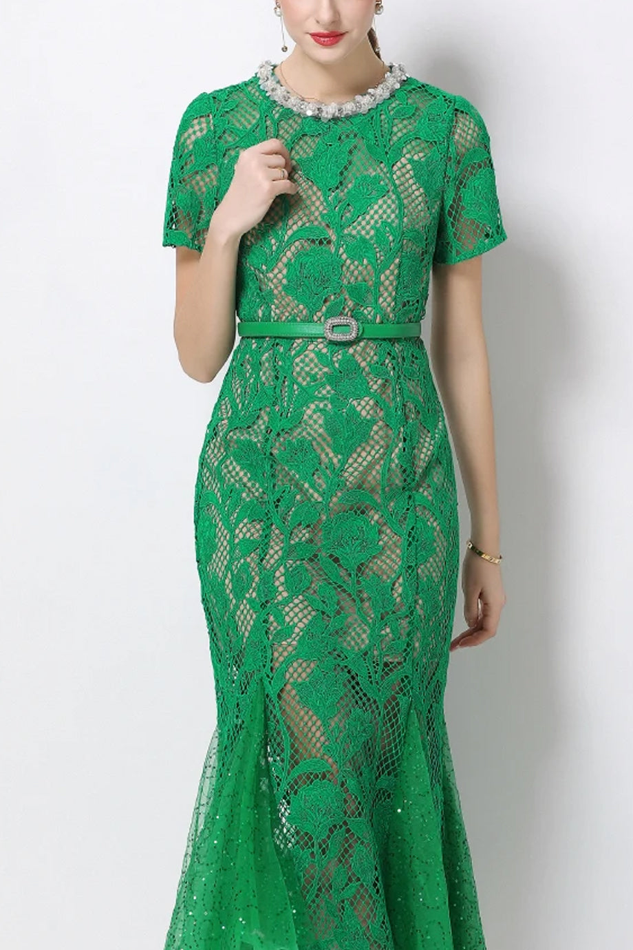 Verdielle Πράσινο Μίντι Φόρεμα με Δαντέλα | Βραδινά Φορέματα - Evening Dresses | Verdielle Green Lace Midi Dress