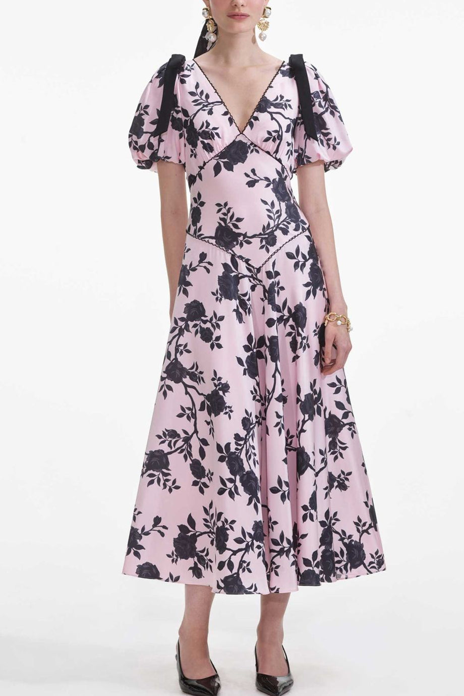 Estrella Μίντι Φόρεμα με Φλοράλ Εμπριμέ | Γυναικεία Φορέματα - Evening dresses | Estrella Floral Midi Dress with Shoulder Bows