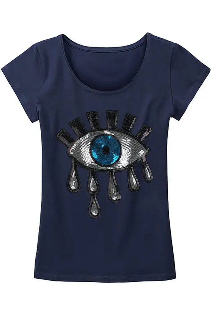 Eye Time Μπλε Κοντομάνικο Μπλουζάκι με V | Γυναικεία Ρούχα T-Shirts - Eye Time Blue V-Neck T-Shirt with Eye Embroidery 