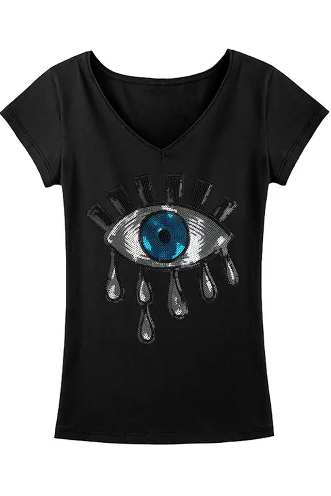 Eye Time Μαύρο Κοντομάνικο Μπλουζάκι με V | Γυναικεία Ρούχα T-Shirts - Eye Time V-Neck Black T-Shirt with Eye Embroidery