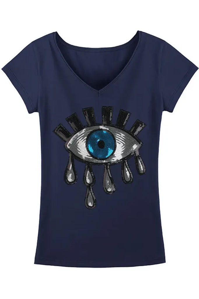 Eye Time Μπλε Κοντομάνικο Μπλουζάκι με V | Γυναικεία Ρούχα T-Shirts - Eye Time V-Neck Blue T-Shirt with Eye Embroidery