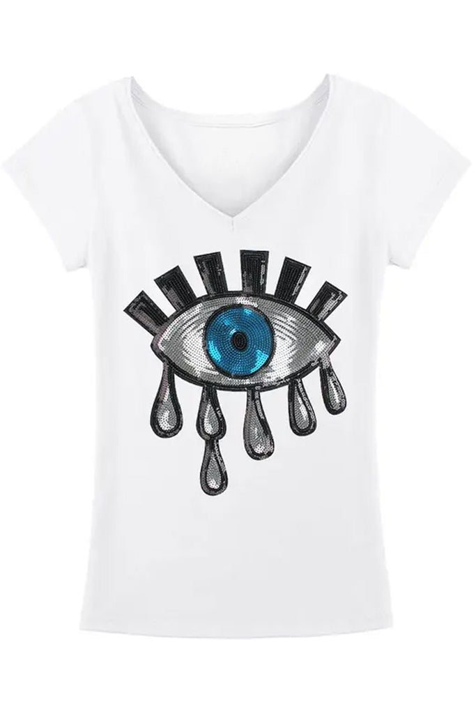 Eye Time Λευκό Κοντομάνικο Μπλουζάκι με V | Γυναικεία Ρούχα T-Shirts - Eye Time V-Neck White T-Shirt with Eye Embroidery 