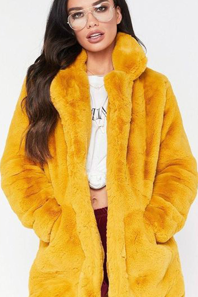 Bella Κίτρινο Παλτό με Συνθετική Γούνα