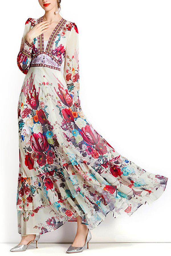 Adeline Λευκό Εμπριμέ Φλοράλ Μακρύ Φόρεμα | Γυναικεία Ρούχα - Φορέματα | Adeline White Faxi Floral Chiffon Dress