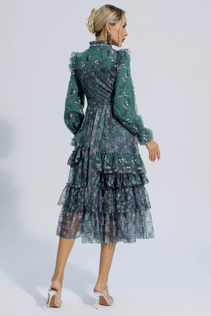 Ivana Φλοράλ Πετρόλ Φόρεμα με Τούλι | Φορέματα - Dresses | Ivana Petrol Floral Tulle Mesh Dress