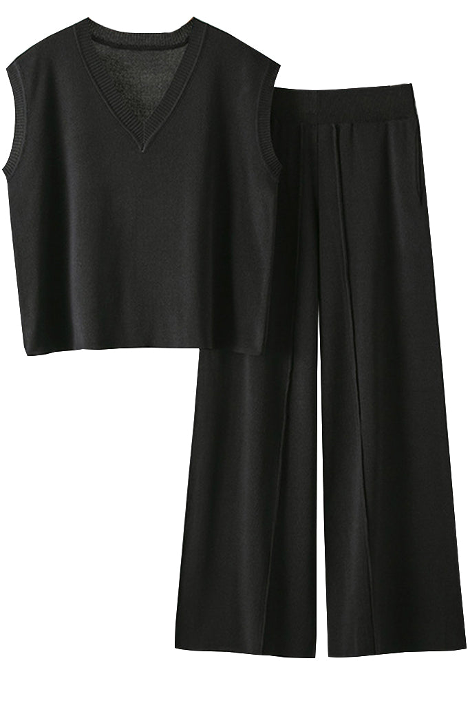 Drew Μαύρο Πλεκτό Σετ Τοπ και Παντελόνι | Γυναικεία Ρούχα - Πλεκτά Σετ | Drew Black Knitted Set with Top and Pants