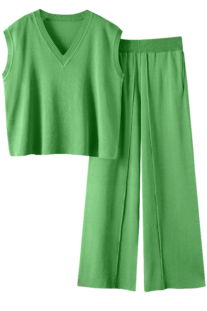 Drew Πράσινο Πλεκτό Σετ Τοπ και Παντελόνι | Γυναικεία Ρούχα - Πλεκτά Σετ | Drew Green Knitted Set with Top and Pants