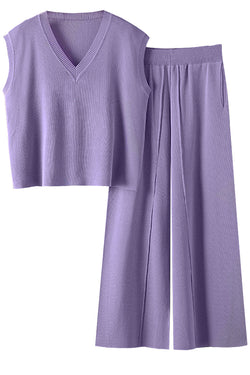 Drew Μωβ Πλεκτό Σετ Τοπ και Παντελόνι | Γυναικεία Ρούχα - Πλεκτά Σετ | Drew Purple Knitted Set with Top and Pants