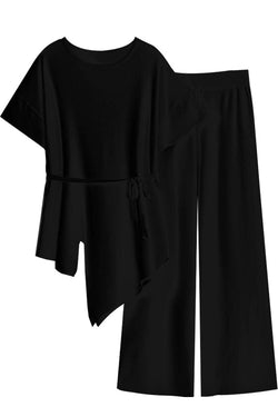 Kenna Μαύρο Πλεκτό Σετ Τοπ και Παντελόνι | Γυναικεία Ρούχα - Πλεκτά Σετ | Kenna Black Knitted Set with Asymmetric Top and Pants