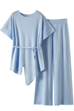 Kenna Γαλάζιο Πλεκτό Σετ Τοπ και Παντελόνι | Γυναικεία Ρούχα - Πλεκτά Σετ | Kenna Light Blue Knitted Set with Asymmetric Top and Pants