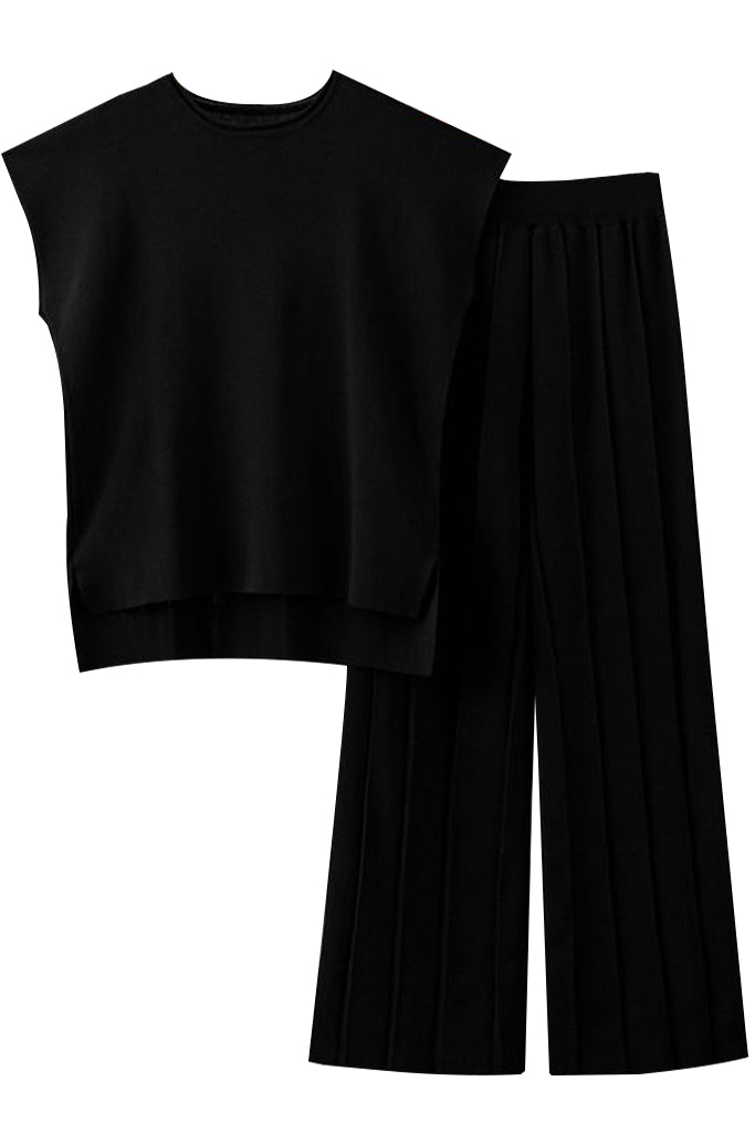 Naya Μαύρο Πλεκτό Σετ Τοπ και Παντελόνι | Γυναικεία Ρούχα - Πλεκτά Σετ | NayaBlack Knitted Set with Asymmetric Top and Pants