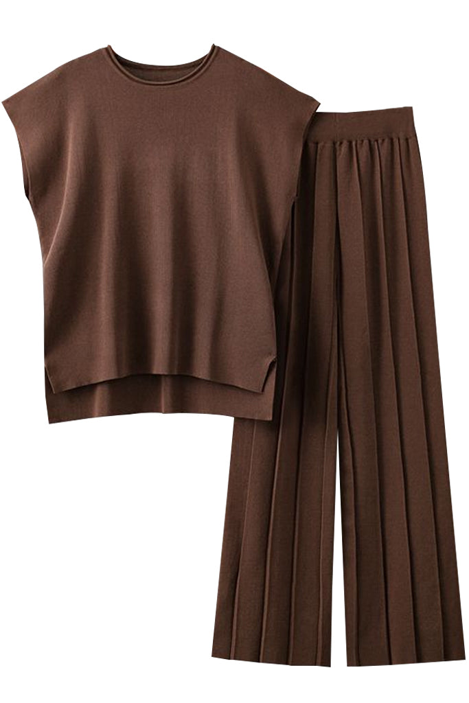 Naya Καφέ Πλεκτό Σετ Τοπ και Παντελόνι | Γυναικεία Ρούχα - Πλεκτά Σετ | Naya Brown Knitted Set with Asymmetric Top and Pants