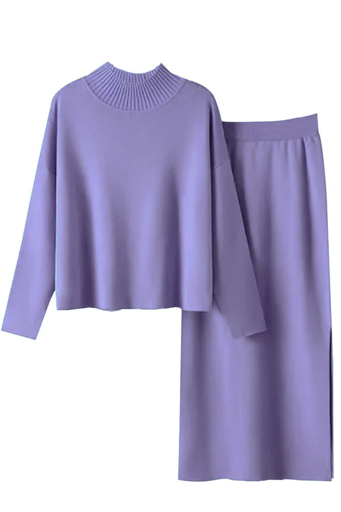 Kurt Μωβ Πλεκτό Σετ Τοπ και Φούστα | Γυναικεία Ρούχα - Πλεκτά Σετ | Kurt Purple Knit Set with Top and Skirt