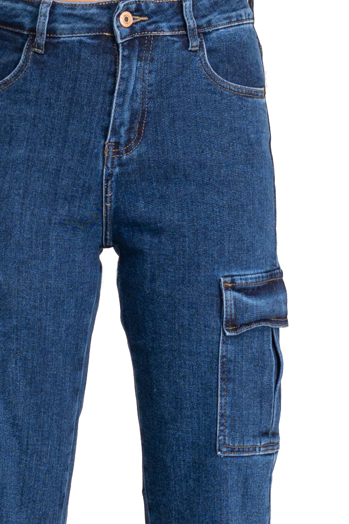 Cargo Μπλε Τζιν Ψηλόμεσο Παντελόνι με Πλαϊνές Τσέπες | Γυναικεία Ρούχα - Γυναικεία Παντελόνια 