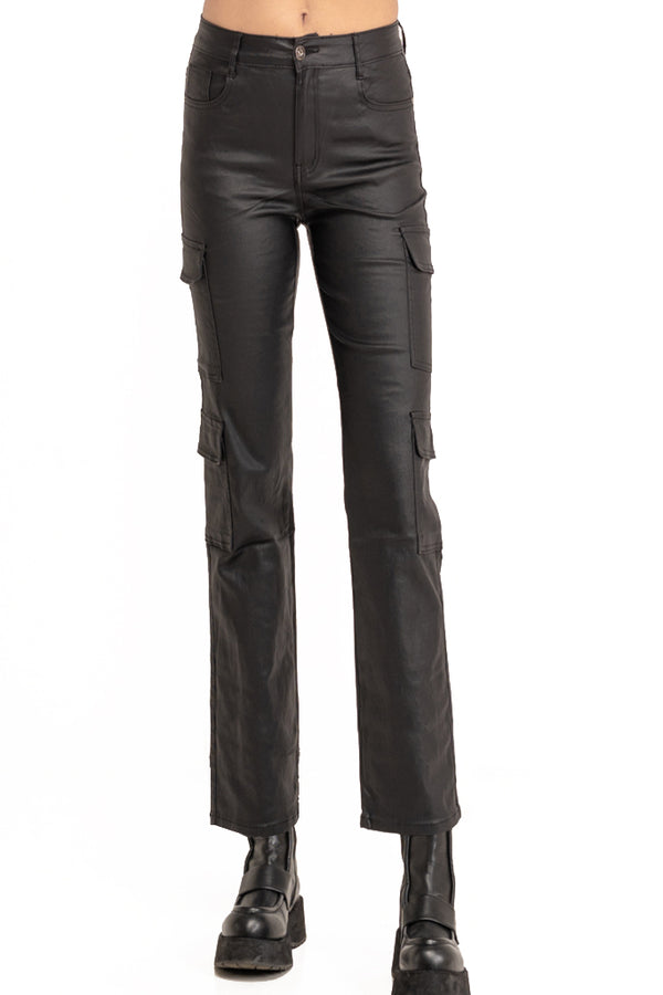 Cargo Μαύρο Ψηλόμεσο Παντελόνι με Τσέπες | Γυναικεία Ρούχα - Παντελόνια - Τζιν | Cargo Leather High Waist Cargo Pants with Pockets