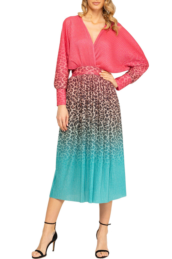 Kaede Πολύχρωμο Φόρεμα με Animal Print | Γυναικεία Ρούχα - Φορέματα - Βραδινά | Kaede Lurex Multicolor Pleated Animal Print V Neck Dress