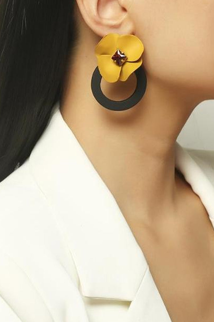 Pansy Yellow Black Flower Earrings