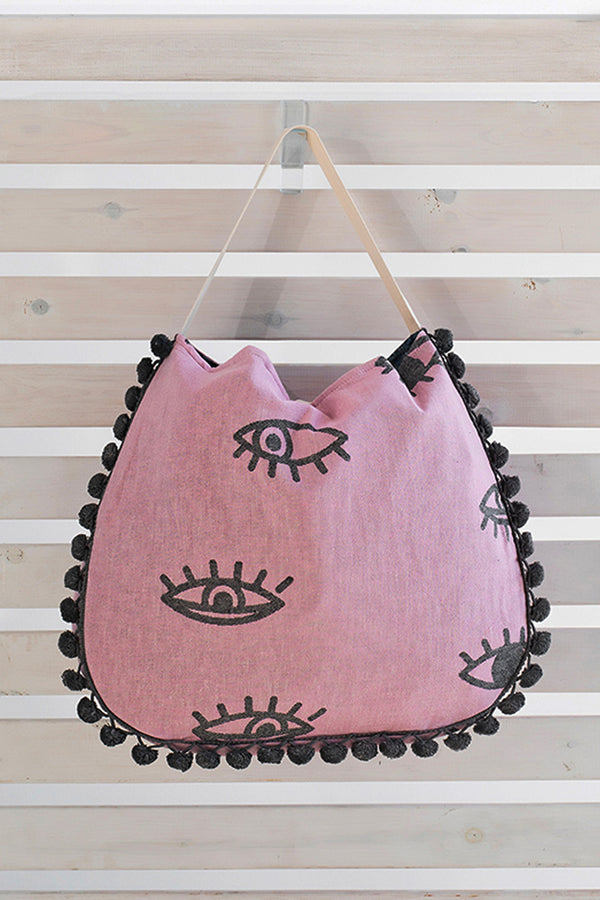 MATI Ροζ Υφασμάτινη Εμπριμέ Τσάντα με Pom Pom | AELIA ANNA - Γυναικείες Τσάντες - Τσάντες Παραλίας