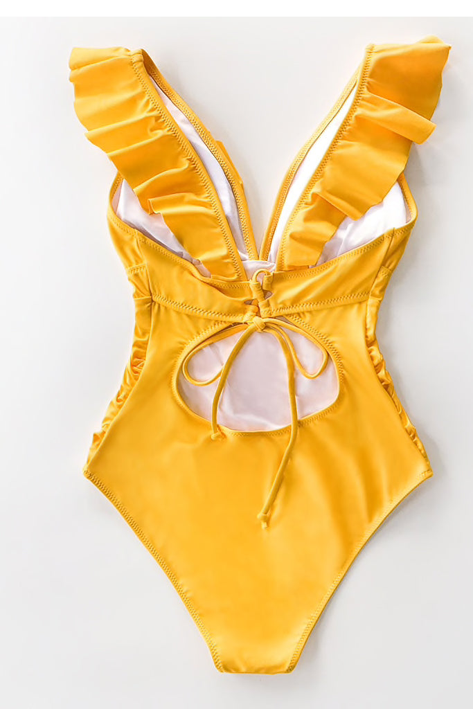 Amber Κίτρινο Ολόσωμο Μαγιό με Βολάν | Γυναικεία Μαγιό - Beachwear