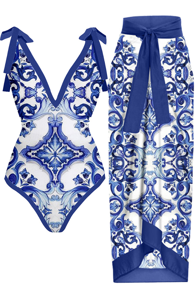 Vinty Blue Printed One Piece Swimsuit with Pareo