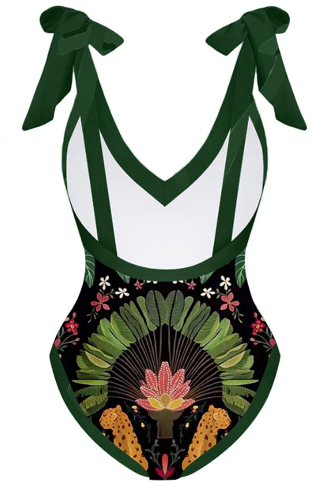 Jungle Πράσινο Εμπριμέ Ολόσωμο Μαγιό με Παρεό - Ολόσωμα  - Swimwear | Jungle Green Printed One Piece Swimsuit with Pareo Set