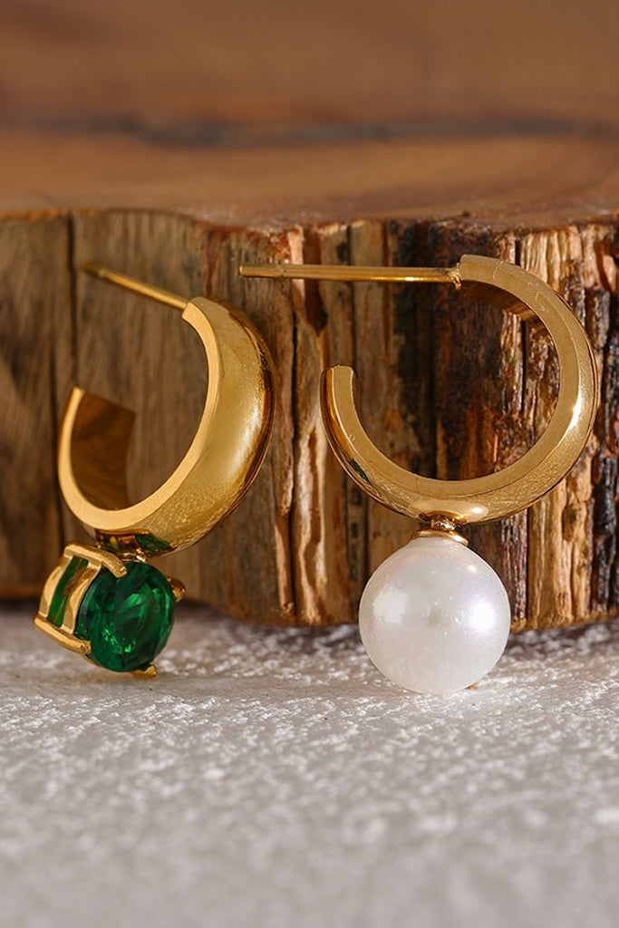 Enya Χρυσά Σκουλαρίκια με Πέρλα και Πράσινο Κρύσταλλο | Κοσμήματα - Σκουλαρίκια