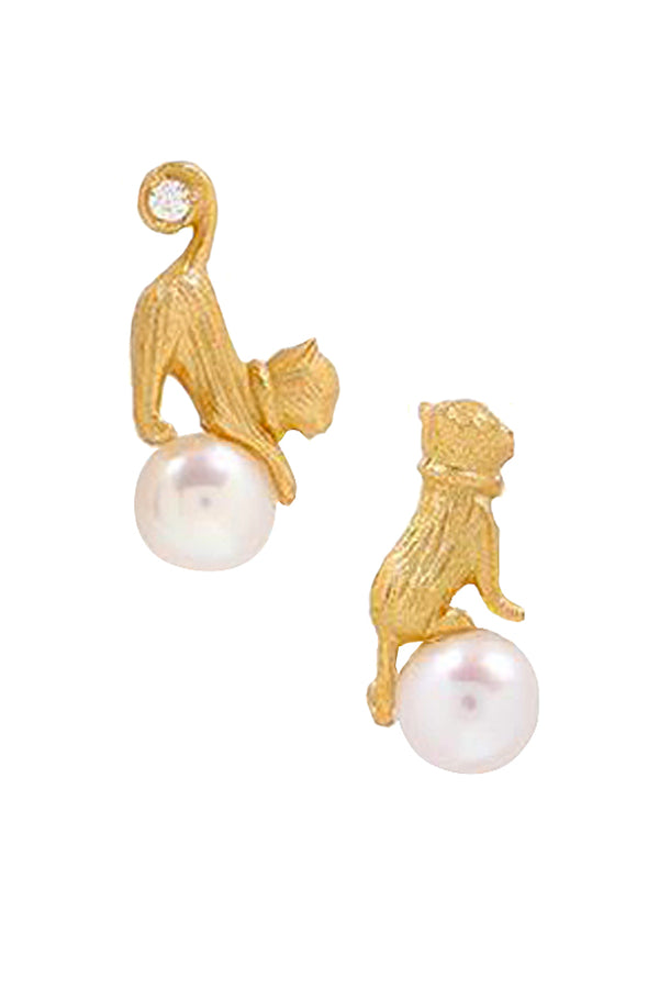Meaw Χρυσά Σκουλαρίκια Γατάκια με Πέρλες | Κοσμήματα - Σκουλαρίκια | Meaw Gold Cat Pierced Earrings with Pearls