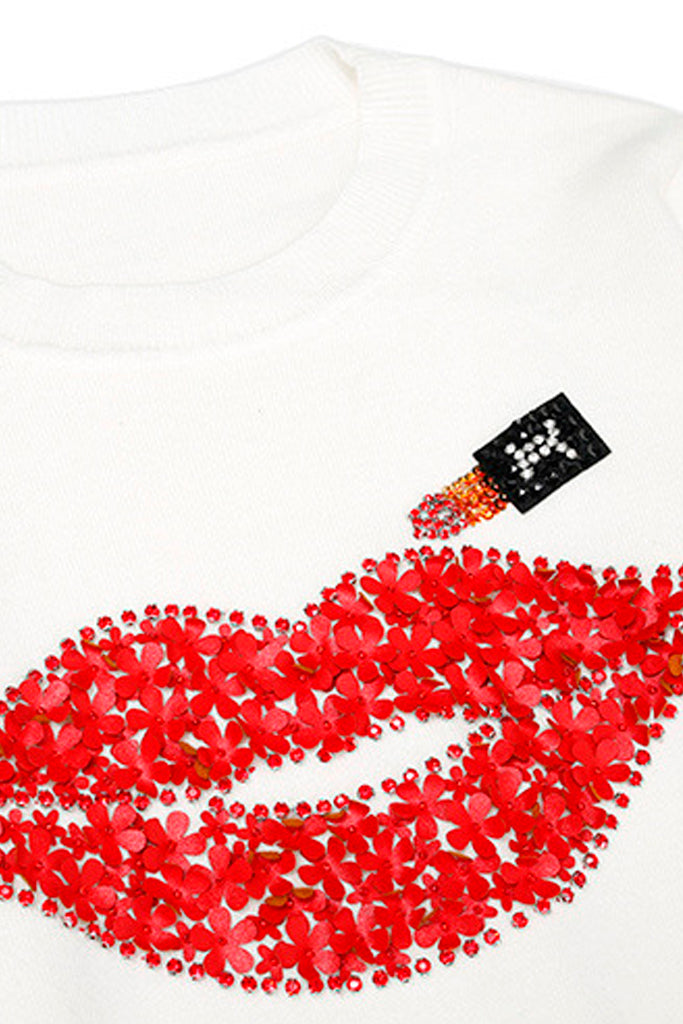 Red Lips Λευκό Πουλόβερ με Σχέδια | Γυναικεία Ρούχα - Πουλόβερ