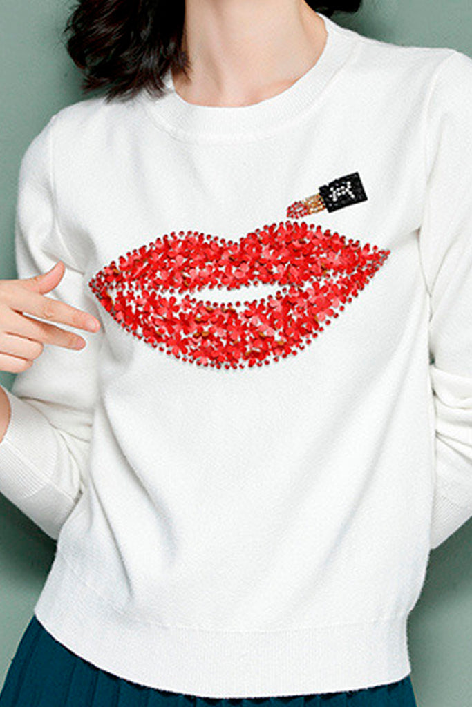 Red Lips Black Patterned Sweater