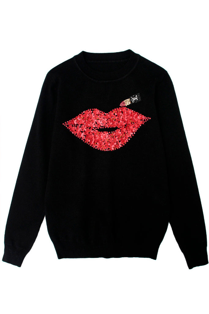 Red Lips Black Patterned Sweater