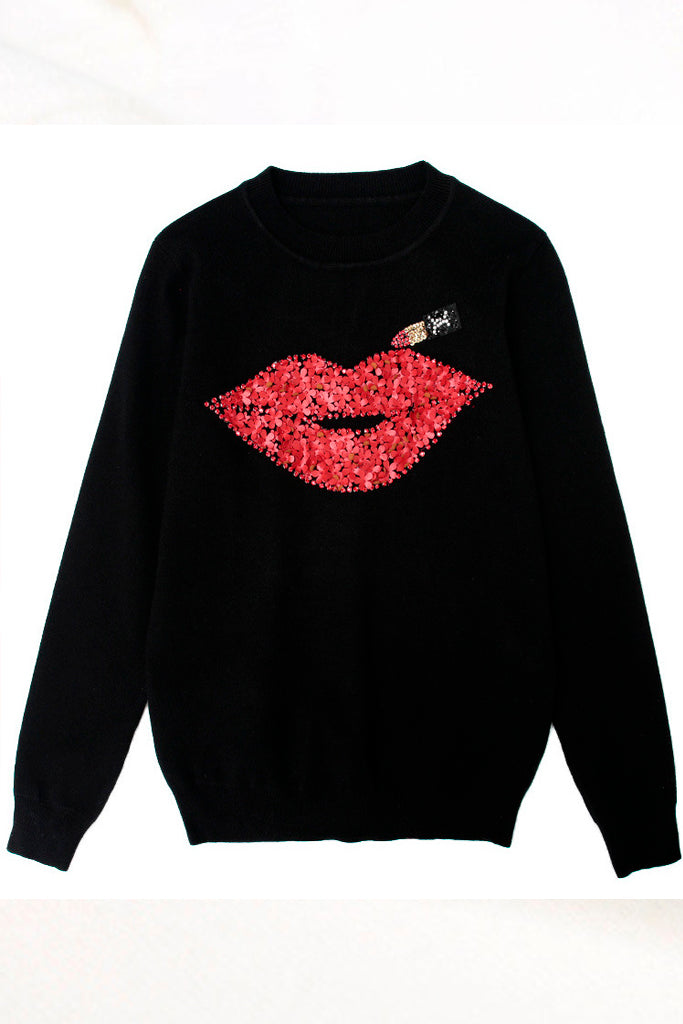Red Lips Μαύρο Πουλόβερ με Σχέδια | Γυναικεία Ρούχα - Πουλόβερ