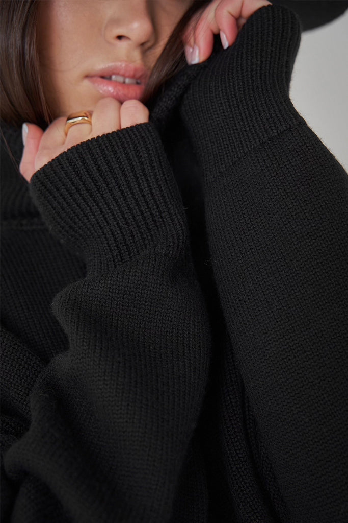 Sletty Μαύρο Ασύμμετρο Πουλόβερ με Ζιβάγκο | Γυναικεία Ρούχα - Πουλόβερ Πλεκτά Moncye Sletty Black Asymmetrical Turtleneck Sweater Knitwear