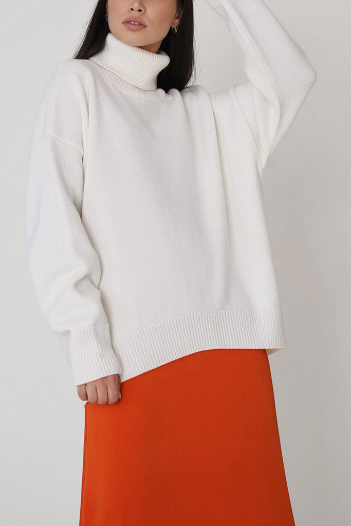 Sletty Λευκό Ασύμμετρο Πουλόβερ με Ζιβάγκο | Γυναικεία Ρούχα - Πουλόβερ Πλεκτά Moncye Sletty White Asymmetrical Turtleneck Sweater Knitwear
