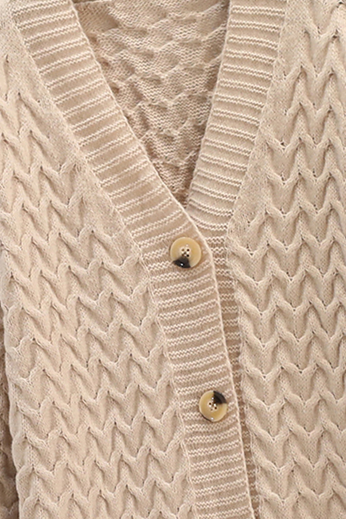 Sarlina Μπεζ Μακριά Πλεκτή Ζακέτα | Γυναικεία Ρούχα - Ζακέτες - Πλεκτά - Sarlina Beige Long Knitted Jacket