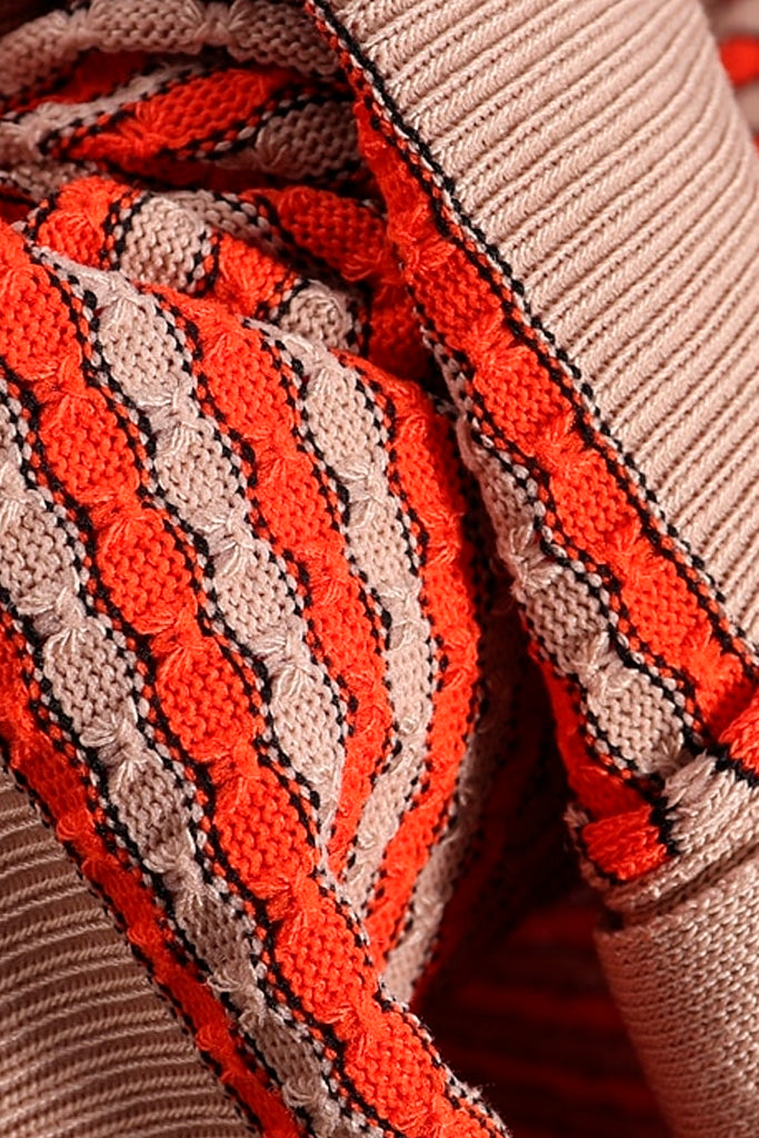 Sharlina Πορτοκαλί Μπεζ Πλεκτό Σετ Ζακέτα, Τοπ και Παντελόνι | Γυναικεία Ρούχα - Πλεκτά Σετ - Moncye