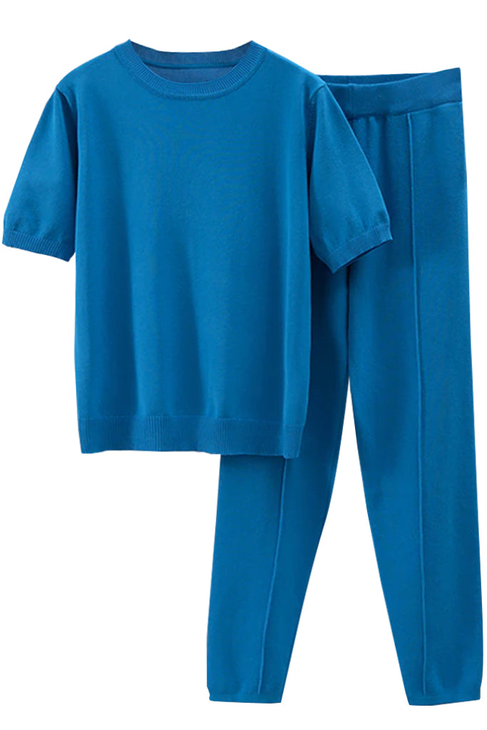 Emile Μπλε Πλεκτό Σετ Τοπ και Παντελόνι | Γυναικεία Ρούχα - Πλεκτά Σετ - Moncye | Emile Blue Knit Set Top and Pants