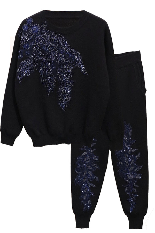 Agnetha Μαύρο Σετ Πουλόβερ και Παντελόνι με Κέντημα | Γυναικεία Ρούχα - Diane Ford