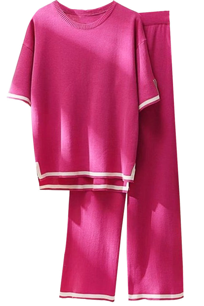 Barty Φούξια Πλεκτό Σετ Τοπ και Παντελόνι | Γυναικεία Ρούχα - Πλεκτά Σετ - Moncye | Barty Fuchsia Knitted Set with Top and Pants