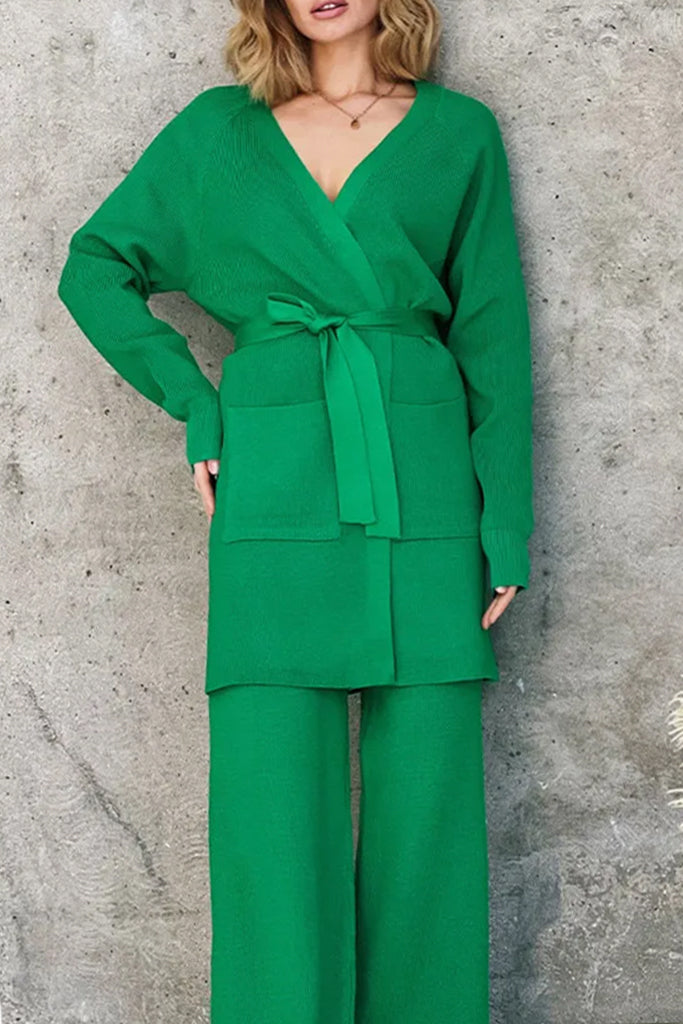 Amiera Πράσινο Πλεκτό Σετ Ζακέτα και Παντελόνι | Γυναικεία Ρούχα - Πλεκτά Σετ | Amiera Green Knitted Set with Jacket and Trousers