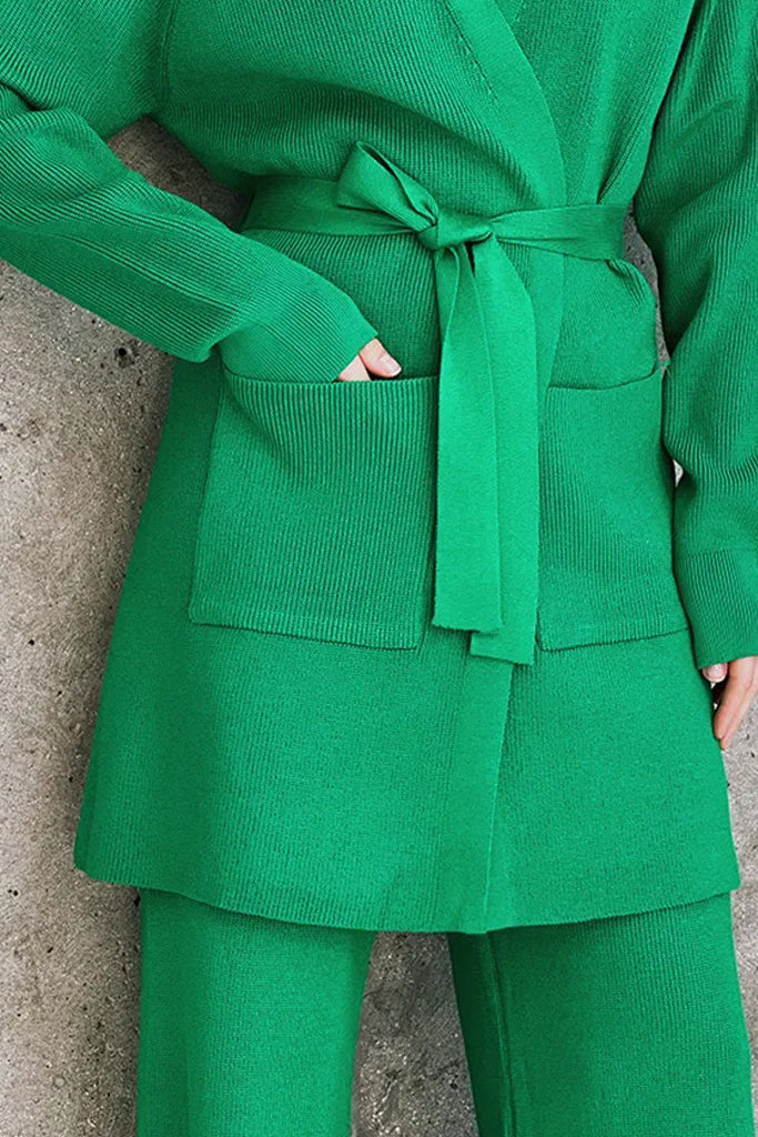 Amiera Πράσινο Πλεκτό Σετ Ζακέτα και Παντελόνι | Γυναικεία Ρούχα - Πλεκτά Σετ | Amiera Green Knitted Set with Jacket and Trousers