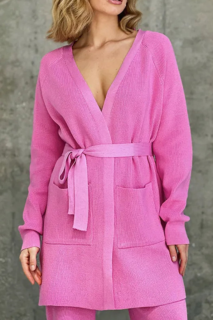 Amiera Ροζ Πλεκτό Σετ Ζακέτα και Παντελόνι | Γυναικεία Ρούχα - Πλεκτά Σετ | Amiera Pink Knitted Set with Jacket and Trousers