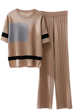 Bantu Μπεζ Πλεκτό Σετ Τοπ και Παντελόνι | Γυναικεία Ρούχα - Πλεκτά Σετ | Bantu Beige Knitted Set with Top and Pants