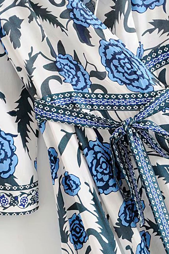 Fadela Μπλε Εμπριμέ Κρουαζέ Φλοράλ Φόρεμα | Γυναικεία Φορέματα 