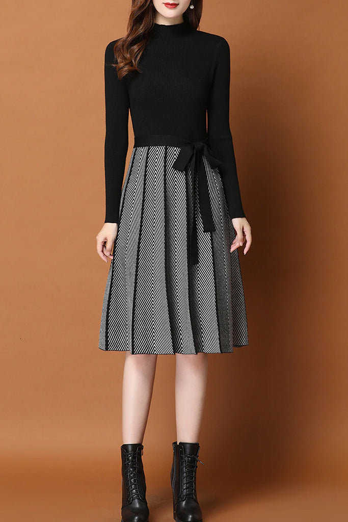 Clodine Μαύρο Πλεκτό Φόρεμα με σχέδιο Ψαροκόκαλο | Φορέματα - Πλεκτά