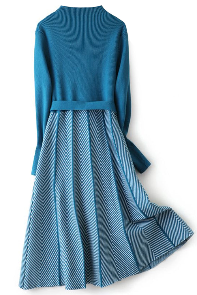 Clodine Μπλε Πλεκτό Φόρεμα με σχέδιο Ψαροκόκαλο | Φορέματα - Πλεκτά