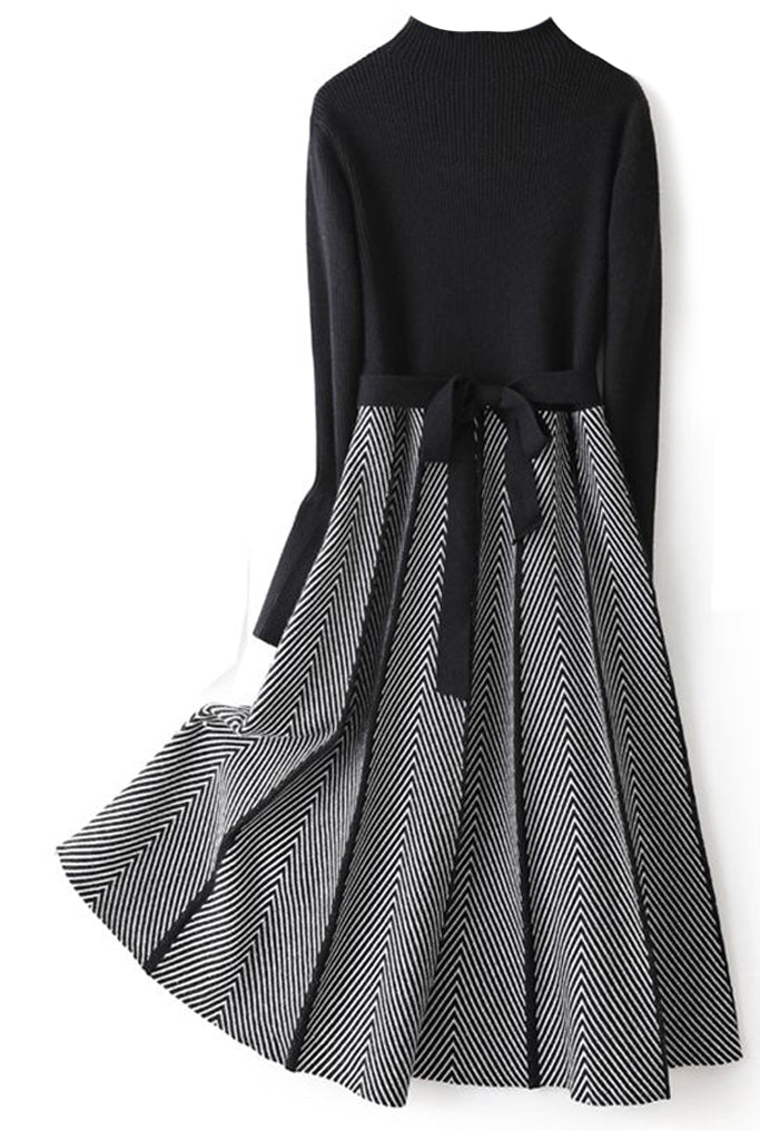 Clodine Μαύρο Πλεκτό Φόρεμα με σχέδιο Ψαροκόκαλο | Φορέματα - Πλεκτά