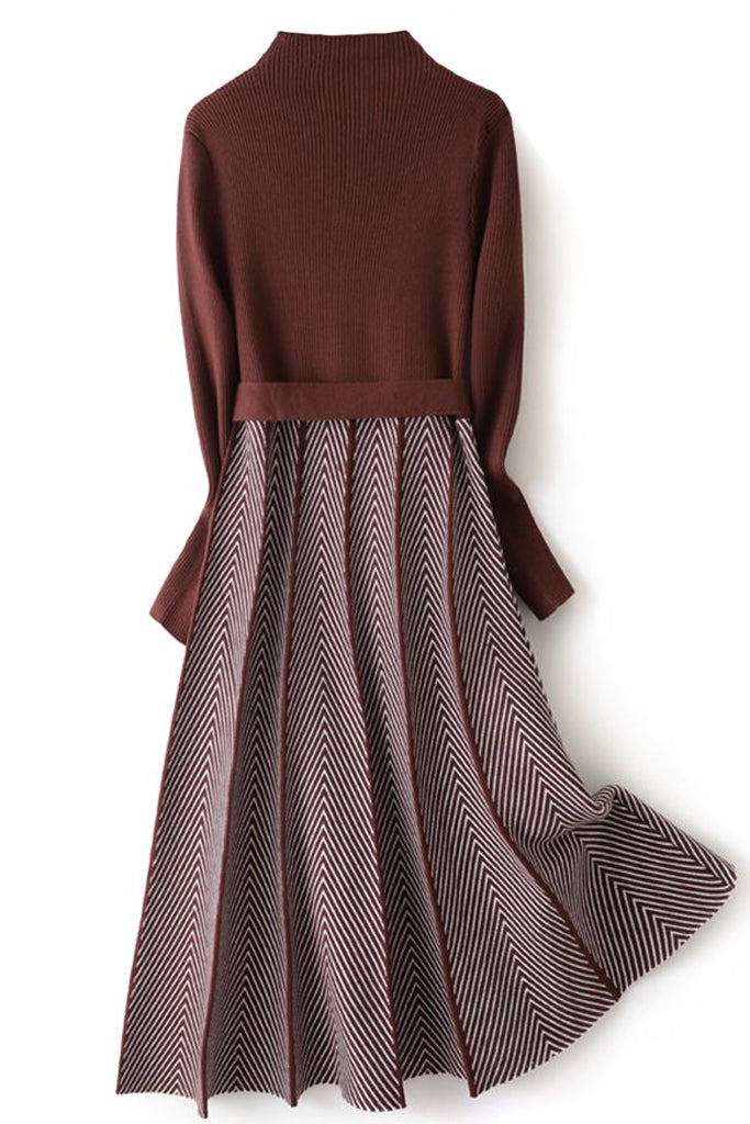 Clodine Καφέ Πλεκτό Φόρεμα με σχέδιο Ψαροκόκαλο | Φορέματα - Πλεκτά