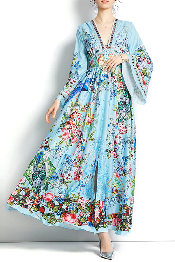 Amaryllis Γαλάζιο Εμπριμέ Φλοράλ Μακρύ Φόρεμα | Γυναικεία Ρούχα - Φορέματα 